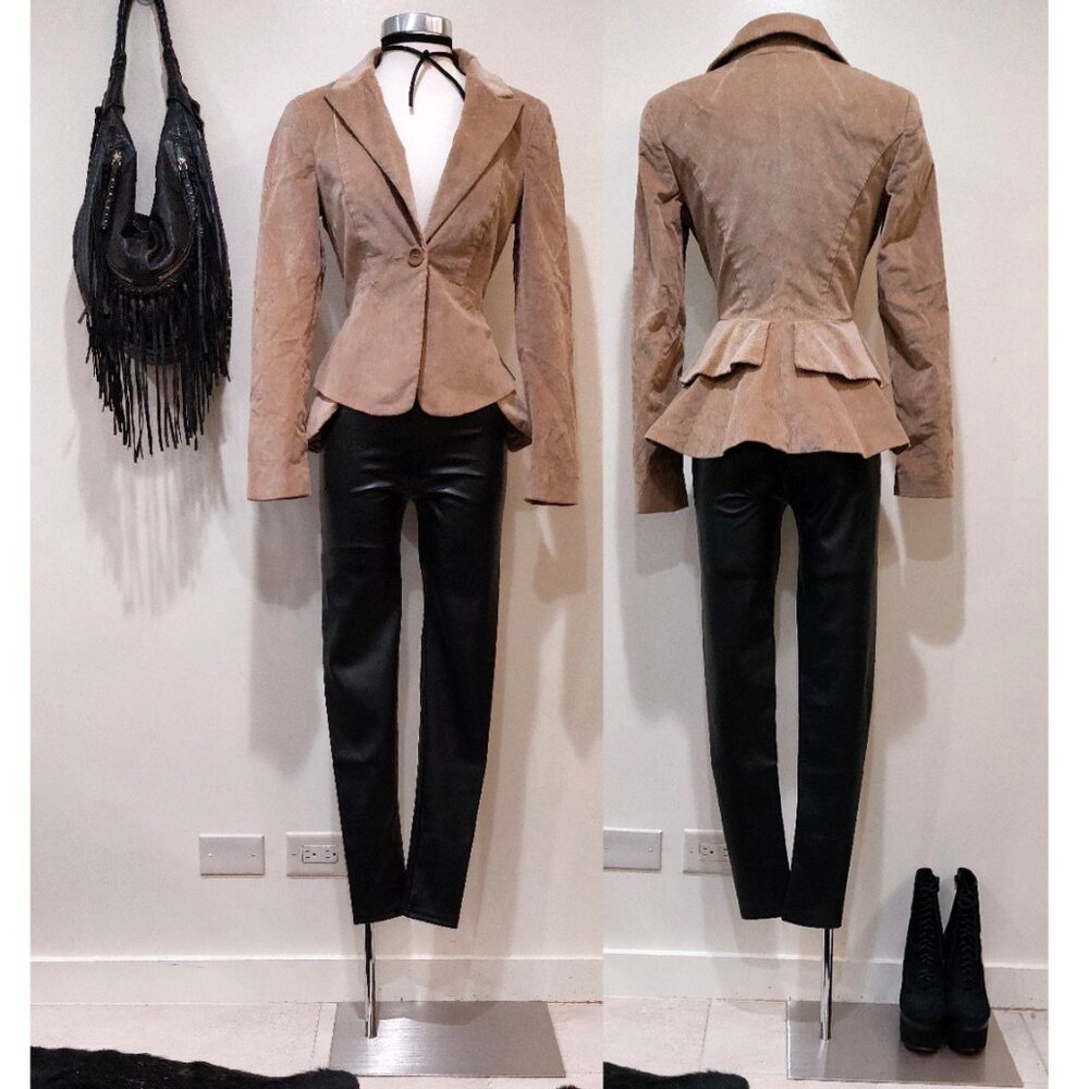 💋GORGEOUS BOHO CHIC💋Vintage Victorian Corduroy Peplum Overlay Blazer in Tan